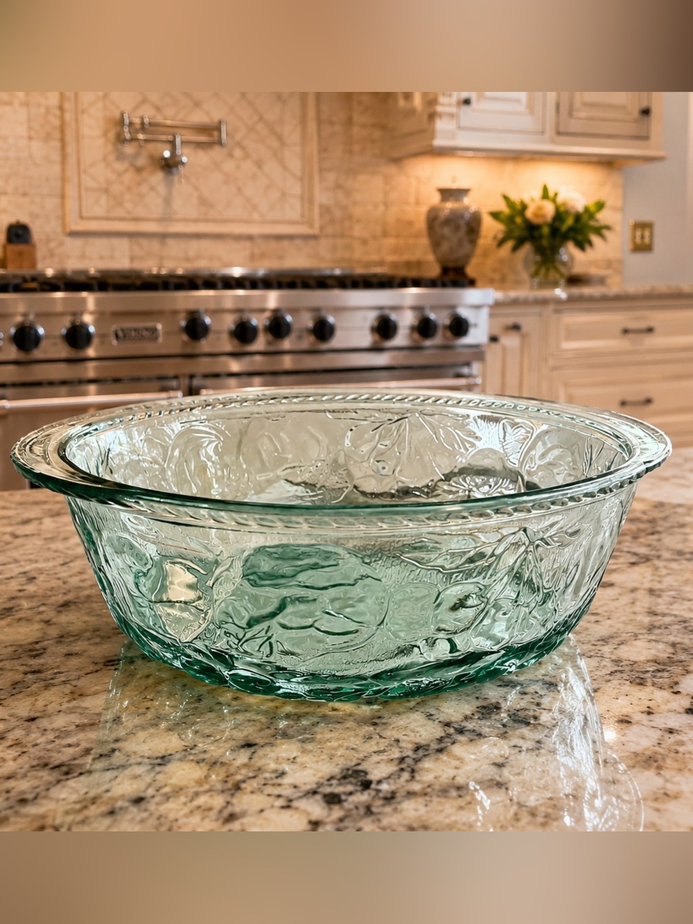 Vintage Green Depression Glass Fruit Oven Proof Serving Dish